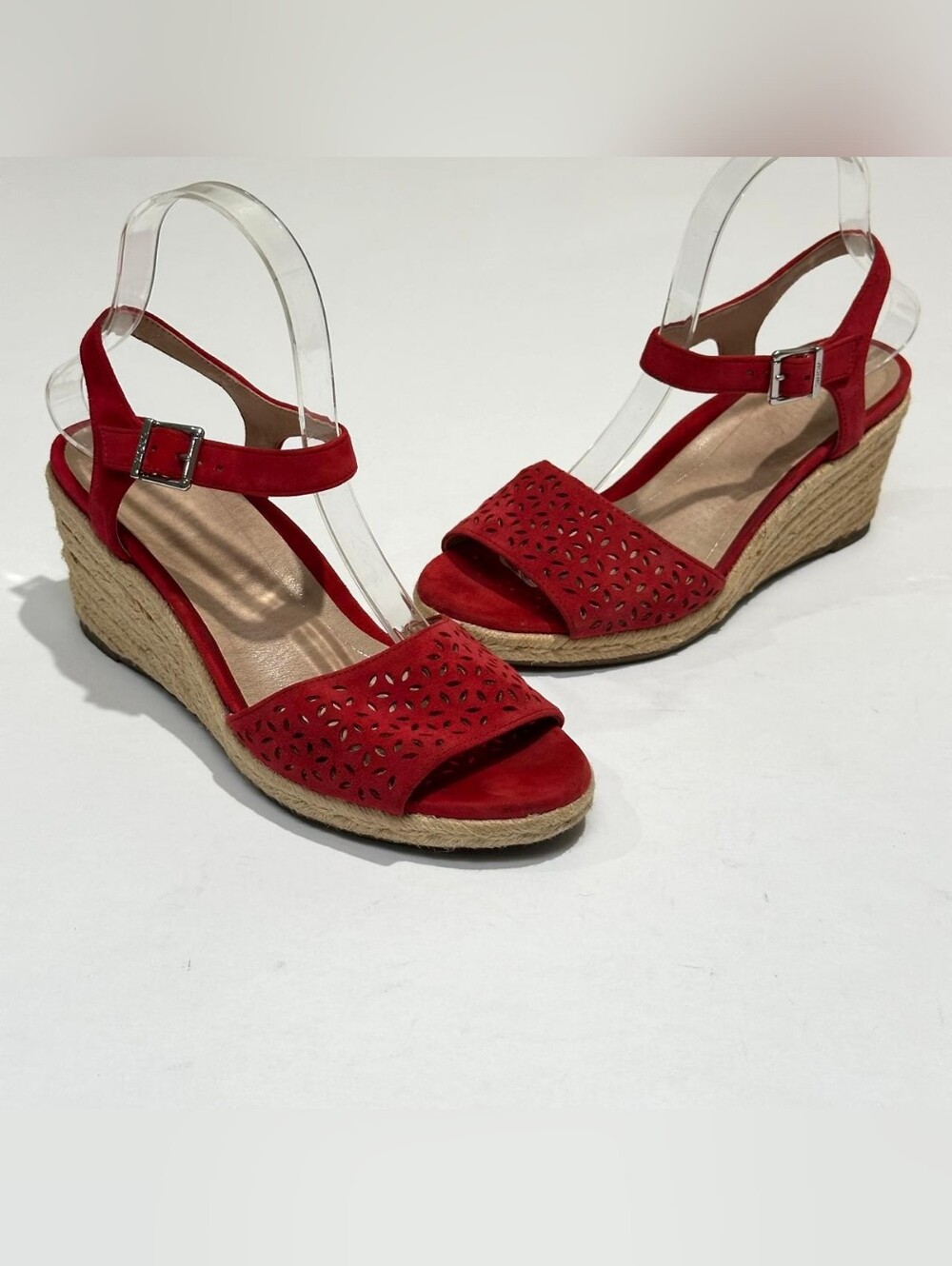 Vionic Ariel Red Suede Laser Cut Espadrille Wedge Sandals Ankle Strap Women's 7M